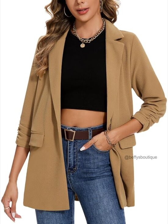 Jackets & Blazers - Casual Long Blazer 3/4 Ruched Sleeve Lapel Button Front Work Office Blazer